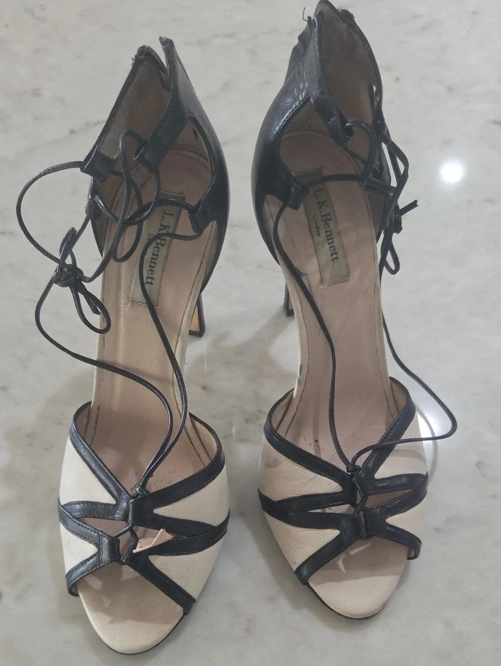 LK Bennett Black and Cream Lace-Up Open-Toe Heels